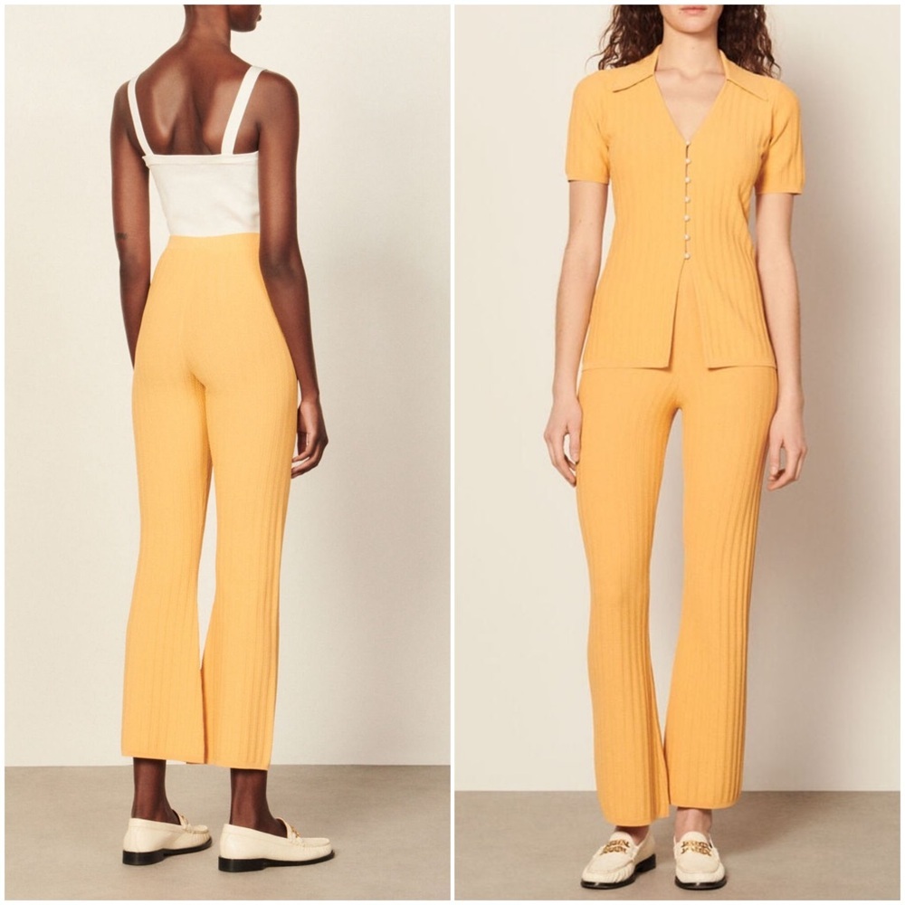 SANDRO Pointelle Trim Rib Knit High Rise Ankle Crop Bootcut Flare Leg Pants‎ M - Picture 5 of 14